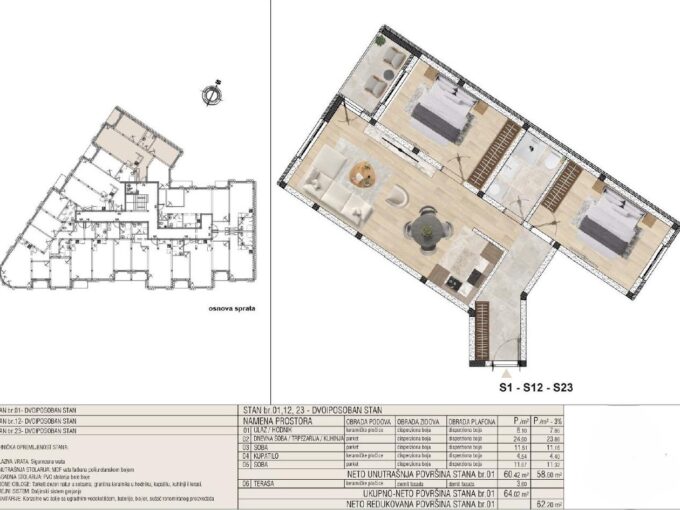 Dvoiposoban stan u izgradnji 62m², I, II i III sprat, Rvati, Obrenovac, 1.800€ +PDV